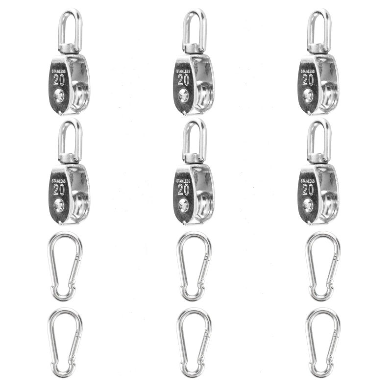 6Pcs 304 Stainless Steel M20 Single Pulley Block  Wire Rope Hanging Wire Towing Wheel  with 6Pcs Spring Snap Hook